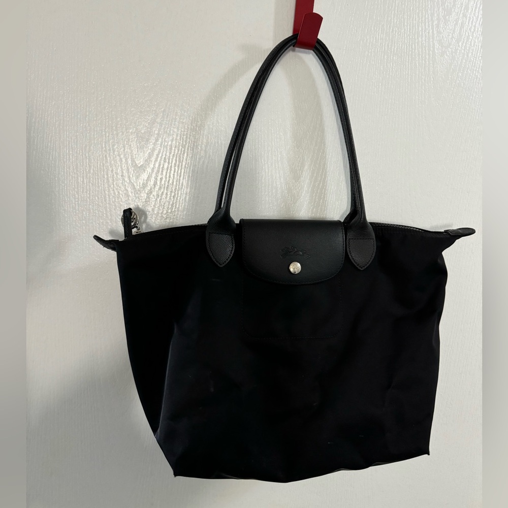 Authentic Longchamp, medium all black shoulder bag (used)
